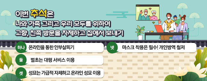 이번 추석은 나와 가족 그리고 우리 모두를 위하여  고향, 친족 방문을 자제하고 집에서 보내기, 하나. 온라인을 통한 안부살피기, 둘. 벌초는 대행 서비스 이용,  셋. 성묘는 가급적 자제하고 온라인 성묘 이용, 넷. 마스크 착용은 필수! 개인방역 철저