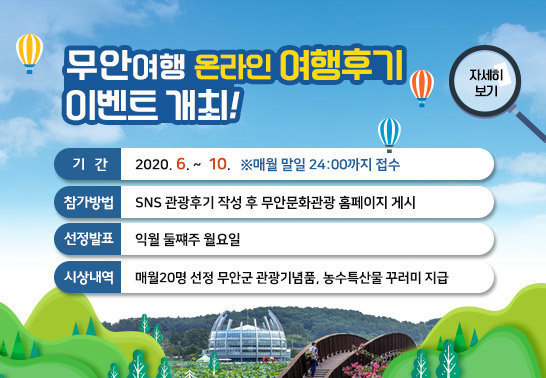 무안여행 온라인 여행후기 이벤트 개최, 기    간 : 2020. 6. 8(월) ~ 10. 31 ※ 매월 말일 24:00까지 접수, 참가방법 : SNS 관광후기 작성 후 무안문화관광 홈페이지 게시, 선정발표 : 익월 둘쨰주 월요일, 시상내역 : 매월20명 선정 무안군 관광기념품, 농수특산물 꾸러미 지급,자세히 보기 