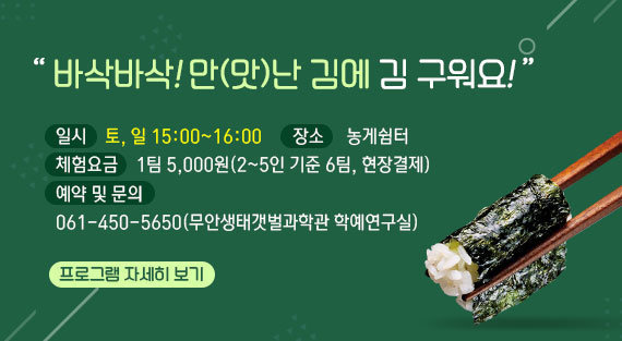 바삭바삭! 만(맛)난 김에 김 구워요! 일시 : 토, 일 15:00~16:00 장소 : 농게쉼터 체험요금 : 1팀 5,000원(2~5인 기준 6팀, 현장결제) 예약 및 문의 : 061-450-5650(무안생태갯벌과학관 학예연구실) 프로그램 자세히 보기