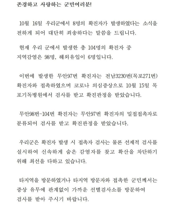 존경하고 사랑하는 군민 여러분! 10월16일 우리군에서 1명의 확진자가 발생하였다는 소식을 전하게 되어 대단히 죄송하다는 말씀을 드립니다. 현재 우리 군에서 발생한 총 104명의 확진자중 지역감염은 98명, 해외 유입이 6명입니다. 이번에 발생한 무안97번 확진자는 전남3230번(목포271번) 확진자와 접촉하였으며 코로나 의심증상으로 10월15일 목포기독병원에서 검사를 받고 확진판정을 받았습니다. 무안98~104번 확진자는 무안97번 확진자의 밀접접촉자로 분류되어 검사를 받고 확진판정을 받았습니다. 우리군은 확진자 발생시 접촉자 검사는 물론 선제적 검사를 실시하여 신속하게 숨은 감염자를 찾고 확산을 차단하기 위해 최선을 다하고 있습니다. 타지역을 방문하였거나 타지역 방문자와 접촉한 군민께서는 증상 유무에 관계없이 가까운 선별검사소를 방문하여 검사를 받아 주시기 바랍니다.