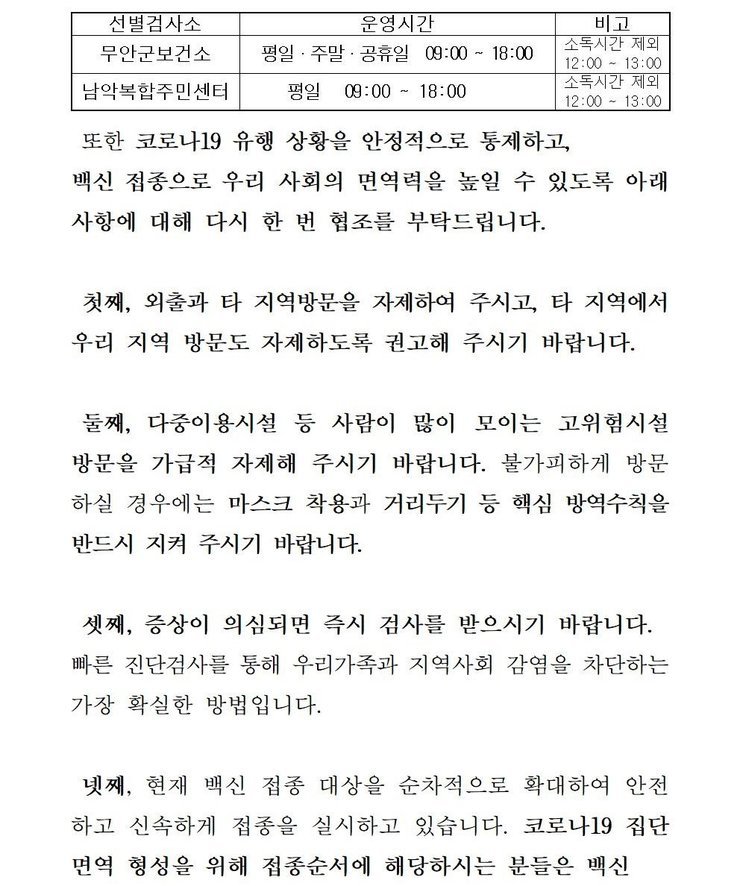 선별검사소: 무안군 보건소 운영시간:평일,주말,공휴일 09:00~18:00 비고:소독시간 제외:12:00~13:00 / 선별검사소:남악복합주민센터 운영시간:평일09:00~18:00 비고:소독시간 제외:12:00~13:00 또한 코로나19 유행 상황을 안정적으로 통제하고, 백신 접종으로 우리 사회의 면역력을 높일 수 있도록 아래 사항에 대해 다시 한 번 협조를 부탁드립니다. 첫째, 외출과 타 지역방문을 자제하여 주시고, 타 직역에서 우리 지역 방문도 자제하도록 권고해 주시기 바랍니다. 둘째, 다중이용시설 등 사람이 많이 모이는 고위험시설 방문을 가급적 자제해 주시기 바랍니다. 불가피하게 방문 하실 경우에는 마스크 착용과 거리두기 등 핵심 방역수칙을 반드시 지켜 주시기 바랍니다. 셋째, 증상이 의심되면 즉시 검사를 받으시기 바랍니다. 빠른 진단검사를 통해 우리가족과 지역사회 감염을 차단하는 가장 확실한 방법입니다. 넷째, 현재 백신 접종 대상을 순차적으로 확대하여 안전하고 신속하게 접종을 실시하고 있습니다. 코로나 19집단 면역 형성을 위해 접종순서에 해당하시는 분들은 백신