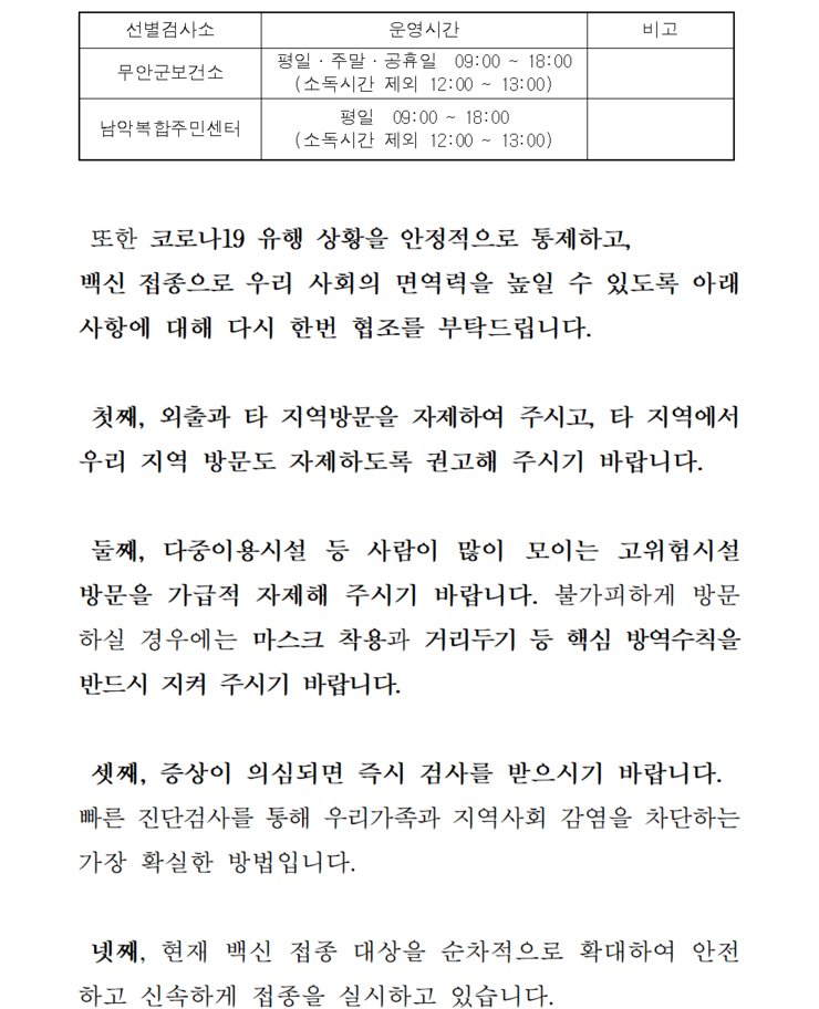 선별검사소: 무안군 보건소 운영시간:평일,주말,공휴일 09:00~18:00(소독시간 제외:12:00~13:00) / 선별검사소:남악복합주민센터 운영시간:평일09:00~18:00(소독시간 제외:12:00~13:00) 또한 코로나19 유행 상황을 안정적으로 통제하고, 백신 접종으로 우리 사회의 면역력을 높일 수 있도록 아래 사항에 대해 다시 한 번 협조를 부탁드립니다. 첫째, 외출과 타 지역방문을 자제하여 주시고, 타 직역에서 우리 지역 방문도 자제하도록 권고해 주시기 바랍니다. 둘째, 다중이용시설 등 사람이 많이 모이는 고위험시설 방문을 가급적 자제해 주시기 바랍니다. 불가피하게 방문 하실 경우에는 마스크 착용과 거리두기 등 핵심 방역수칙을 반드시 지켜 주시기 바랍니다. 셋째, 증상이 의심되면 즉시 검사를 받으시기 바랍니다. 빠른 진단검사를 통해 우리가족과 지역사회 감염을 차단하는 가장 확실한 방법입니다. 넷째, 현재 백신 접종 대상을 순차적으로 확대하여 안전하고 신속하게 접종을 실시하고 있습니다.