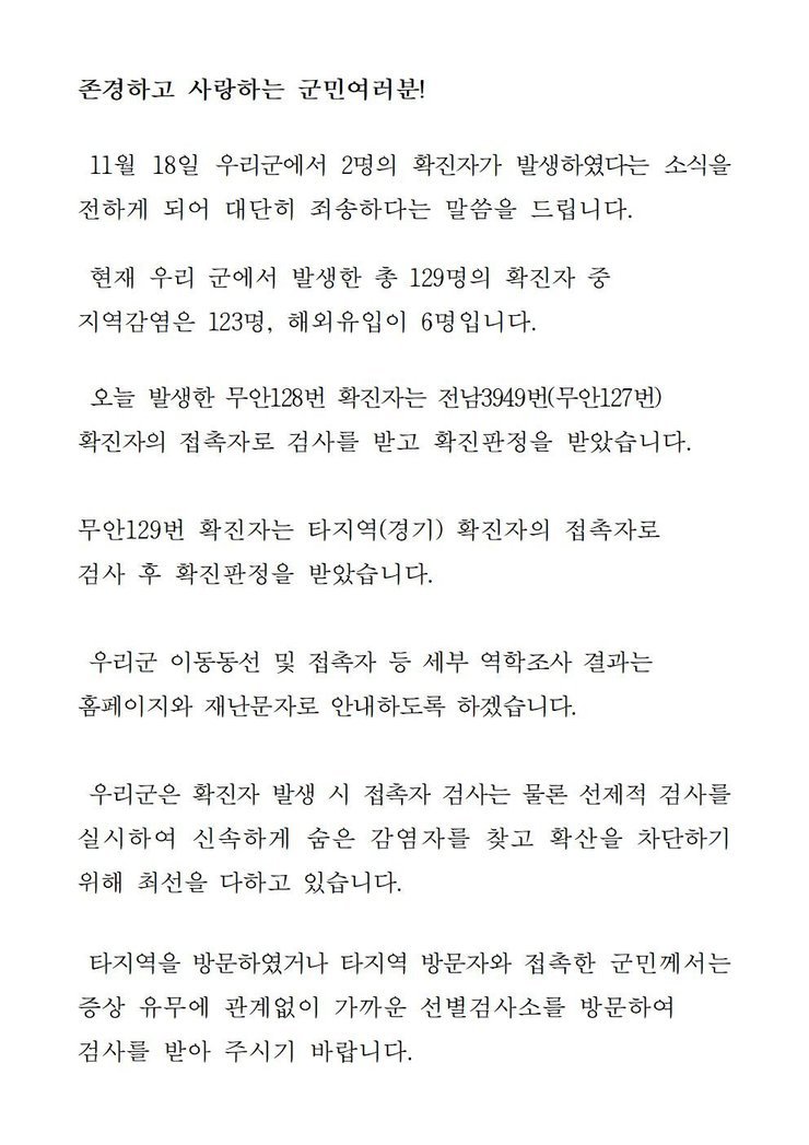 존경하고 사랑하는 군민 여러분! 11월18일 우리군에서 2명의 확진자가 발생하였다는 소식을 전하게 되어 대단히 죄송하다는 말씀을 드립니다. 현재 우리 군에서 발생한 총 129명의 확진자 중 지역감염은 123명, 해외유입이 6명입니다. 오늘 발생한 무안128번 확진자는 전남3949번(무안127번) 확진자의 접촉자로 검사를 받고 확진판정을 받았습니다. 무안129번 확진자는 타지역(경기) 확진자의 접촉자로 검사 후 확진판정을 받았습니다. 우리군 이동동선 및 접촉자 파악 등 세부 역학조사 결과는 군 홈페이지와 재난문자로 안내하도록 하겠습니다. 우리군은 확진자 발생시 접촉자 검사는 물론 선제적 검사를 실시하여 신속하게 숨은 감염자를 찾고 확산을 차단하기 위해 최선을 다하고 있습니다. 타지역을 방문하였거나 타지역 방문자와 접촉한 군민께서는 증상 유무에 관계없이 가까운 선별검사소를 방문하여 검사를 받아 주시기 바랍니다. 