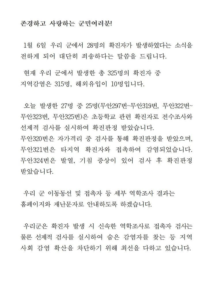 코로나19 확진자 발생에 따른 긴급발표문(298-325)