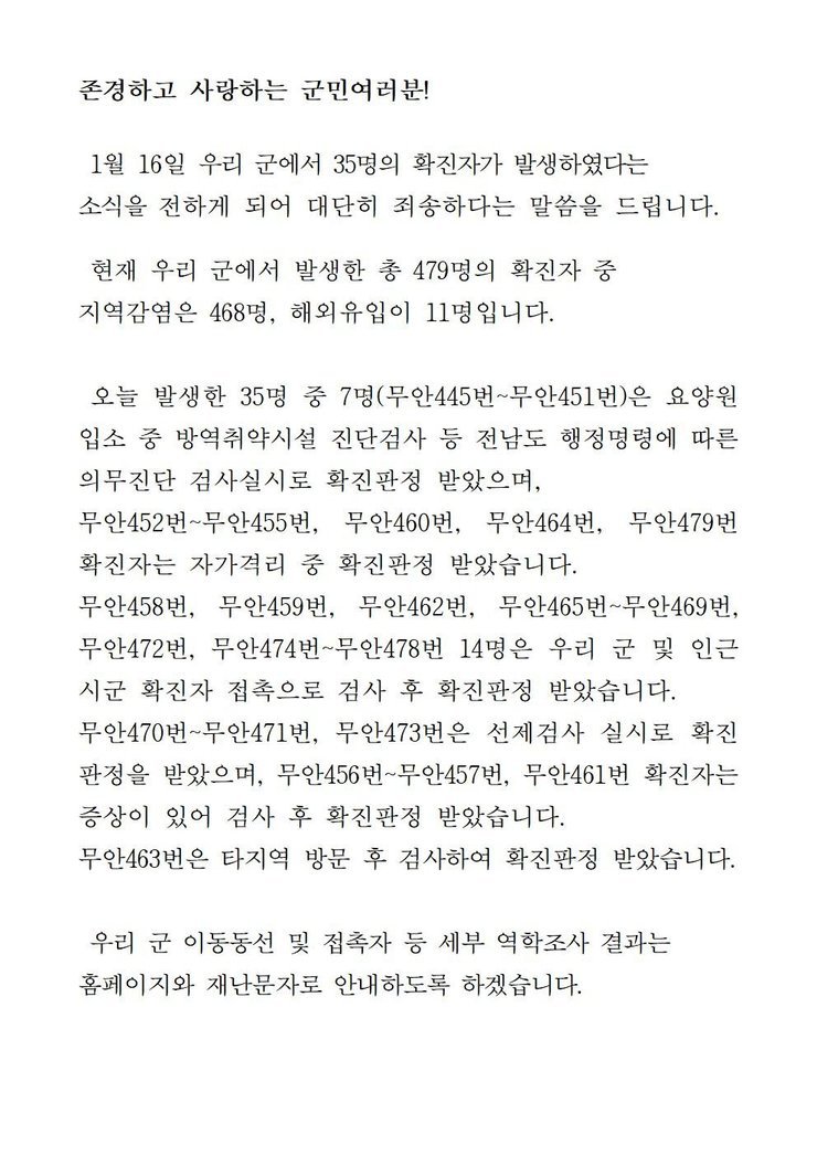 코로나19 확진자 발생에 따른 긴급발표문(445-479)