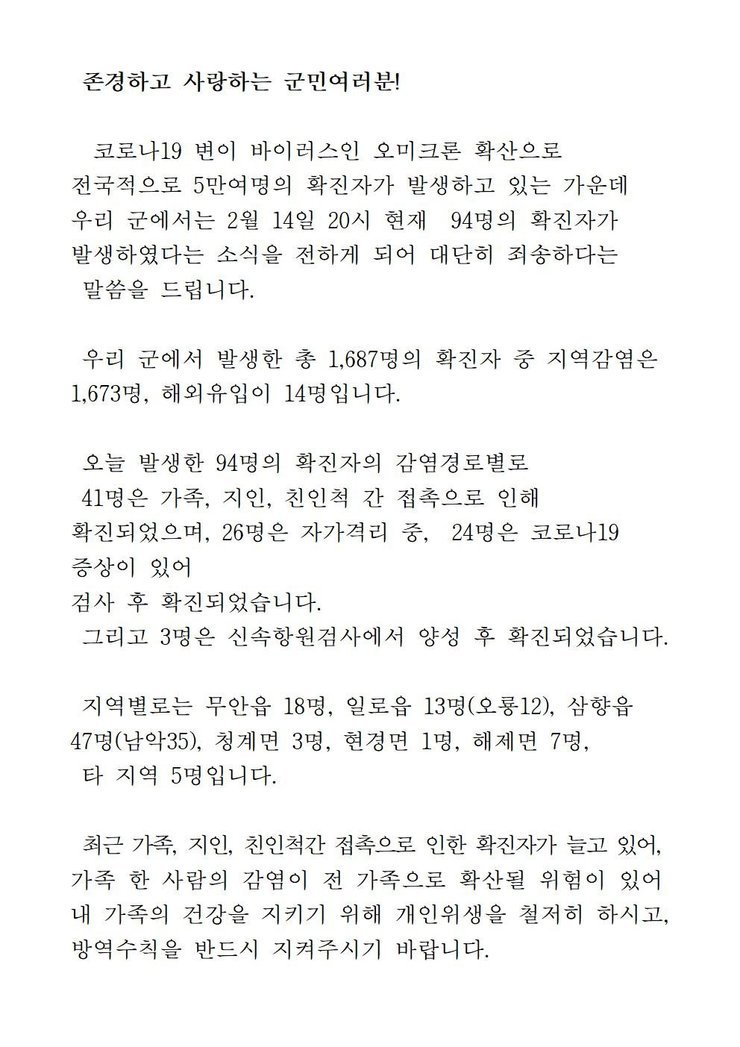 코로나19 확진자 발생에 따른 긴급발표문(1594-1687)