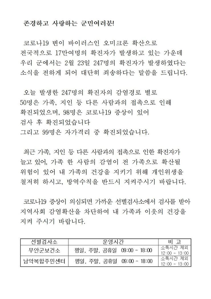 코로나19 확진자 발생에 따른 긴급발표문(0223)