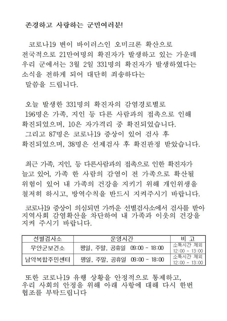 코로나19 확진자 발생에 따른 긴급발표문(0302)