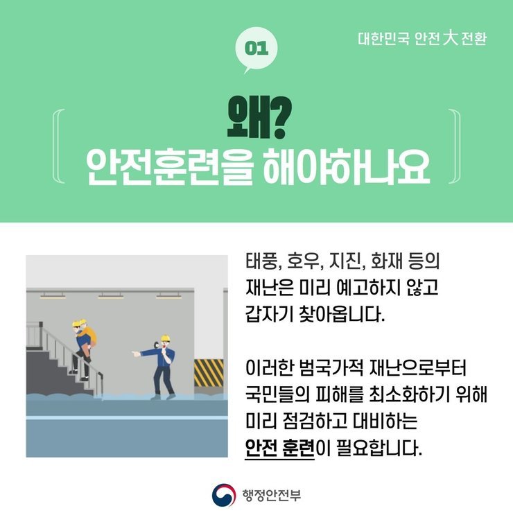  대한민국 안전大전환 | 01 . 왜? 안전훈련을 해야하나요 | 대풍, 호우, 지진, 화재 등의 재난은 미리 예고하지 않고 갑자기 찾아옵니다. 이러한 범국가적 재난으로부터 국민들의 피해를 최소화하기 위해 미리 점검하고 대비하는 안전 훈련이 필요합니다. | 행정안전부