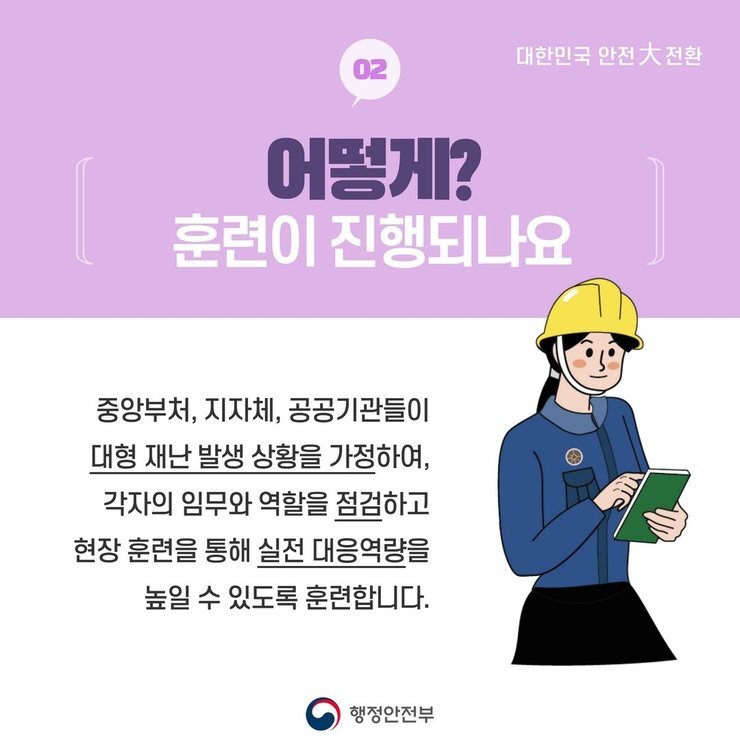 대한민국 안전大전환 | 02 . 어떻게? 훈련이 진행되나요 | 중앙부처, 지자체, 공공기관들이 대형 재난 발생 상황을 가정하여, 각자의 임무와 역할을 점검하고 현장 훈련을 통해 실전 대응역량을 높일 수 있도록 훈련합니다. | 행정안전부