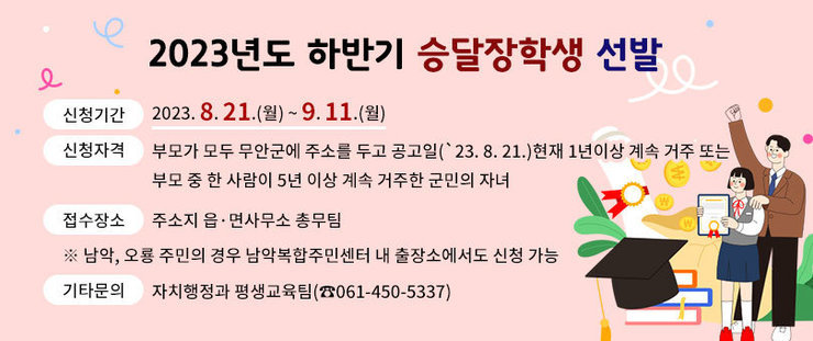 2023년도 하반기 승달장학생 선발 -신청기간 : 2023. 8. 21.(월) ~ 9. 11.(월) -신청자격 : 부모가 모두 무안군에 주소를 두고 공고일(`23. 8. 21.)현재 1년이상 계속 거주 또는 부모 중 한 사람이 5년 이상 계속 거주한 군민의 자녀 -접수장소 : 주소지 읍·면사무소 총무팀 ※ 남악, 오룡 주민의 경우 남악복합주민센터 내 출장소에서도 신청 가능 -기타문의 : 자치행정과 평생교육팀(☎061-450-5337)