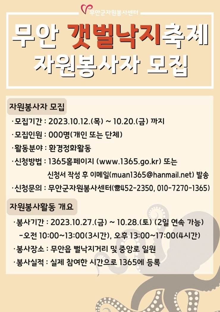 [무안군자원봉사센터]무안갯벌낙지축제 자원봉사자 모집 / 모집기간:2023.10.12(목)~10.20(금)까지 모집인원:000명(개인 또는 단체) 활동분야 : 환경정화활동 신청방법 : 1365홈페이지(www.1365.go.kr)또는 신청서 작성 후 이메일(muan1365@hanmail.net)발송 신청문의:무안군자원봉사센터(452-2350, 010-7270-1365) / 자원봉사활동 개요 봉사기간 : 2023.10.27(금)~10.28(토)(2일 연속가능) - 오전 10:00~13:00(3시간), 오후 13:00~17:00(4시간) 봉사장소:무안읍 뻘낙지거리 및 중앙로 일원 봉사실적:실제 참여한 시간으로 1365에 등록