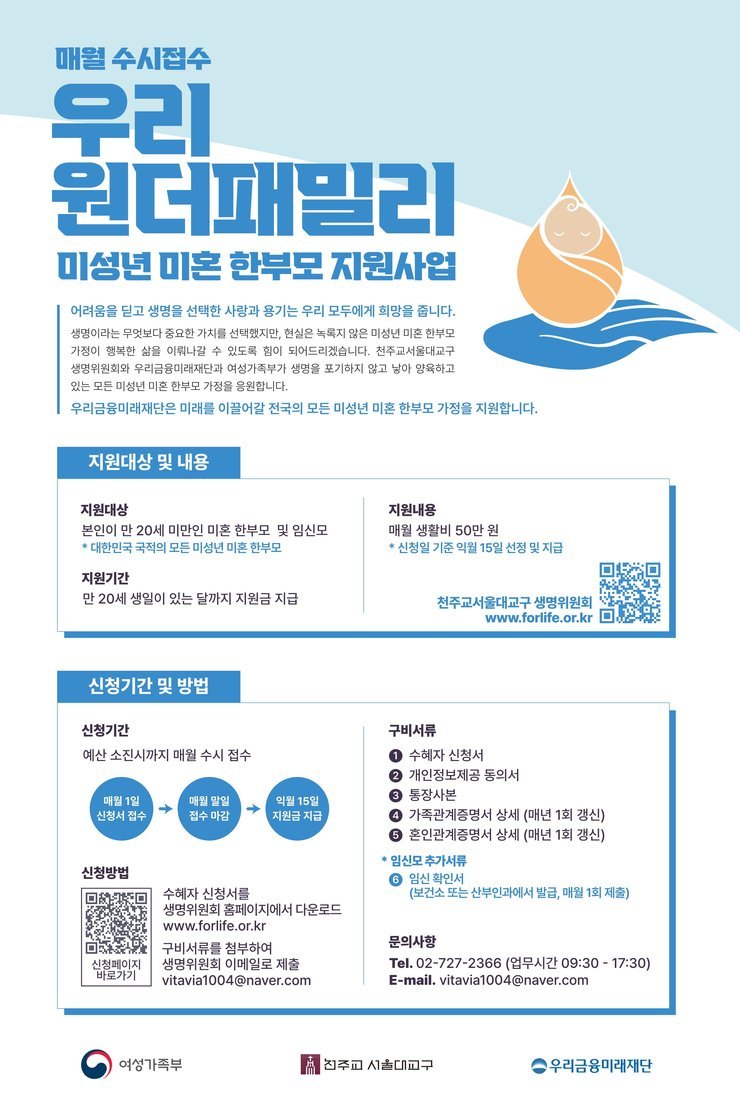 매월 수시접수 우리원더패밀리 미성년 미혼 한부모 지원사업 어려움을 딛고 생명을 선택한 사랑과 용기는 우리 모두에게 희망을 줍니다. 생명이라는 무엇보다 중요한 가치를 선택했지만, 현실은 녹록지 않은 미성년 미혼 한부모 가정이 행복한 삶을 이뤄나갈 수 있도록 힘이 되어드리겠습니다. 천주교서울대교구 생명위원회와 우리금융미래재단과 여성가족부가 생명을 포기하지 않고 낳아 양육하고 있는 모든 미성년 미혼 한부모가정을 응원합니다. 우리금융미래재단은 미래를 이끌어갈 전국의 모든 미성년 미혼 한부모 가정을 지원합니다. 지원대상 및 내용 -지원대상 : 본인이 만 20세 미만인 미혼 한부모 및 임신모 *대한민국 국적의 모든 미성년 미혼 한부모 -지원기간:만 20세 생일이 있는 달까지 지원금 지급 -지원내용:매월 생활비 50만원 *신청일 기준 익월 15일 선정 및 지급 / 천주교서울대교구 생명위원회 qr코드(http://www.forlife.or.kr/) / 신청기간 : 예산 소진시까지 매월 수시접수 매월 1일 신청서 접수 → 매월 말일 접수 마감 → 익월 15일 지원금 지급 / 신청방법 (신청페이지 바로가기 qr코드 - https://naver.me/5uiXyr2o) 수혜자 신청서를 생명위원회 홈페이지에서 다운로드(http://www.forlife.or.kr/) 구비서류를 첨부하여 생명위원회 이메일로 제출 vitavia1004@naver.com 구비서류 1.수혜자신청서 2.개인정보제공 동의서 3.통장사본 4.가족관계증명서 상세(매년 1회 갱신) 5.혼인관계증명서 상세(매년 1회 갱신) *임신모 추가서류 6.임신확인서(보건소 또는 산부인과에서 발급, 매월 1회 제출) 문의사항 Tel.02-727-2366(업무시간 09:30~17:30) E-mail. vitavia1004@naver.com [여성가족부, 천주고서울대교구,우리금융미래재단]