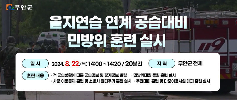 무안군 을지연습 연계 공습대비 민방위 훈련 실시 일 시 : 2024. 8. 22.(목) 14:00 ~ 14:20 (20분간) 지 역 : 무안군 전체 훈련내용 - 적 공습상황에 따른 공습경보 및 경계경보 발령 - 주민대피 훈련 및 다중이용시설 대피 훈련 실시 - 차량 이동통제 훈련 및 소방차 길터주기 훈련 실시 - 민방위대원 동원 훈련 실시