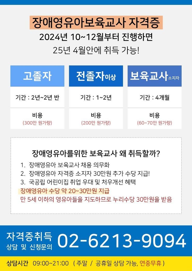 장애영유아보육교사 자격증 2024년 10~12월부터 진행하면 25년 4월 안에 취득 가능!  고졸자 기간 : 2년~2년 반 비용 (300만 원가량)  전졸자 이상 기간 : 1~2년 비용 (200만 원가량)  보육교사 소지자 기간 : 4개월 비용 (60~70만 원가량)  장애영유아를 위한 보육교사 왜 취득할까? 1. 장애영유아 보육교사 채용 의무화 2. 장애영유아 자격증 소지자 30만원 추가 수당 지급! 3. 국공립 어린이집 취업 우대 및 처우 개선 혜택    장애영유아 수당 약 20~30만원 지급    만 5세 이하의 영유아들을 지도하므로 누리수당 30만원을 받음  자격증 취득 상담 및 신청문의 02-6213-9094  상담시간 09:00~21:00 (주말 / 공휴일 상담 가능, 연중무휴)