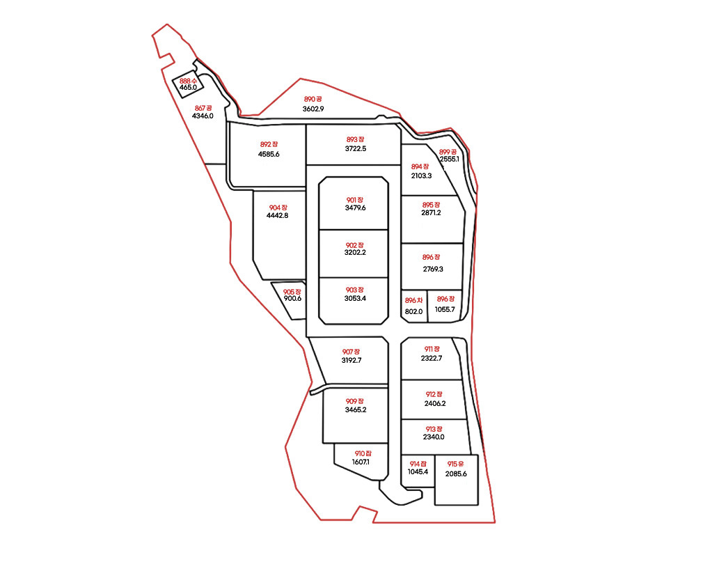 몽탄특화농공단지 입주업체 배치도 위에서부터 아래로 왼쪽부터 오른쪽 순으로 888수 465.0, 867공 4346.0, 890공 3602.9, 892장 4585.6, 893장 3722.5, 894장 2103.3, 899공 2555.1, 904장 4442.8, 901장 3479.6, 895장 2871.2, 902장 3202.2, 896장 2769.3, 905장 900.6, 903장 3053.4, 896차 802.0, 896장 1055.7, 907장 3192.7, 911장 2322.7, 909장 3465.2, 912장 2406.2, 913장 2340.0, 910장 1607.1, 914장 1045.4, 915유 2085.6 
