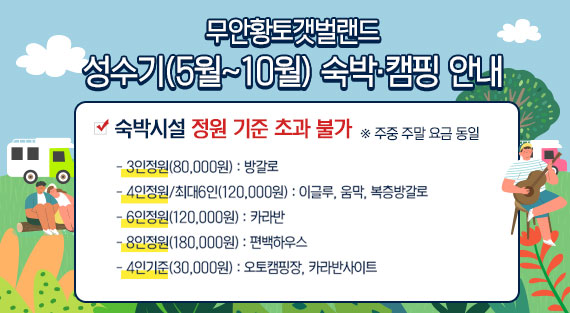 무안황토갯벌랜드 성수기(5월~10월) 숙박·캠핑 안내 숙박시설 정원 기준 초과 불가 - 3인정원(80,000원) : 방갈로 - 4인정원/최대6인(120,000원) : 이글루, 움막, 복층방갈로 - 6인정원(120,000원) : 카라반 - 8인정원(180,000원) : 편백하우스 - 4인기준(30,000원) : 오토캠핑장, 카라반사이트