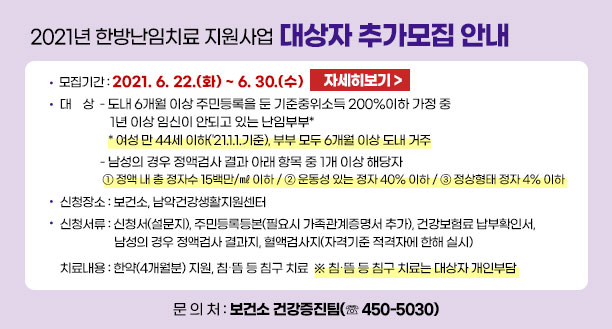 2021년 한방난임치료 지원사업 대상자 추가모집 안내 모집기간 : 2021. 6. 22.(화) ~ 6. 30.(수) 대    상    - 도내 6개월 이상 주민등록을 둔 기준중위소득 200%이하 가정 중 1년 이상 임신이 안되고 있는 난임부부*  * 여성 만 44세 이하('21.1.1.기준), 부부 모두 6개월 이상 도내 거주 - 남성의 경우 정액검사 결과 아래 항목 중 1개 이상 해당자  ① 정액 내 총 정자수 15백만/㎖ 이하 ② 운동성 있는 정자 40% 이하 ③ 정상형태 정자 4% 이하 -신청장소 : 보건소, 남악건강생활지원센터 - 신청서류 : 신청서(설문지), 주민등록등본(필요시 가족관계증명서 추가),  건강보험료 납부확인서, 남성의 경우 정액검사 결과지,  혈액검사지(자격기준 적격자에 한해 실시)  -치료내용 : 한약(4개월분) 지원, 침‧뜸 등 침구 치료 ※ 침‧뜸 등 침구 치료는 대상자 개인부담 -문 의 처 : 보건소 건강증진팀(☏ 450-5030)