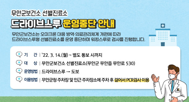 무안군보건소 선별진료소 드라이브스루 운영중단 안내   무안군보건소는 오미크론 대응 방역·의료관리체계 개편에 따라   드라이브스루형 선별진료소를 운영 중단하며 워킹스루로 검사를 진행합니다           1. 기    간 : `22. 3. 14.(월) ~ 별도 통보 시까지           2. 대    상 : 무안군보건소 선별진료소(무안군 무안읍 무안로 530)           3. 운영방법 : 드라이브스루 → 도보           4. 이용방법 : 무안군청 주차장 및 인근 주차장소에 주차 후 걸어서 PCR검사 이용