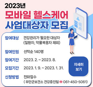 2023년 모바일 헬스케어 사업대상자 모집 참여대상 건강관리가 필요한 대상자 (질환자, 약물복용자 제외) 참여인원 선착순 140명 참여기간 2023. 2. ~ 2023. 8. 모집기간 2023. 1. 9. ~ 2023. 1. 31. 신청방법 전화접수 ( 무안군보건소 건강증진팀 ☎ 061-450-5061)  자세히보기