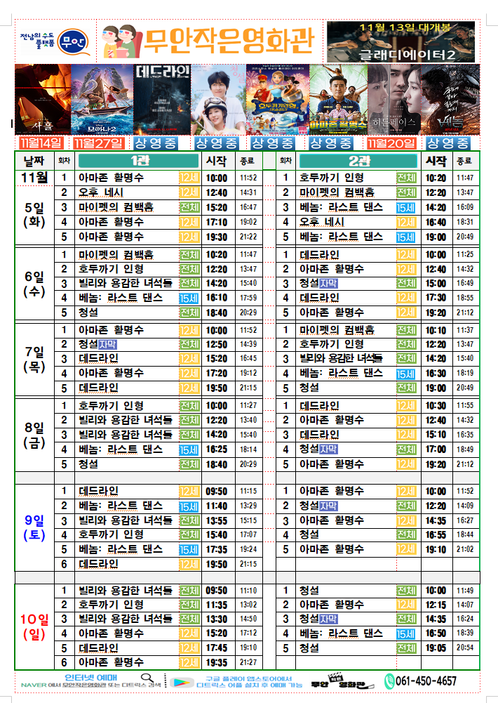 무안작은영화관 상영시간표

상영관: 1관
11월 5일 (화)
아마존 활명수 - 12세 - 시작: 10:00, 종료: 11:52
오후 네시 - 전체 - 시작: 12:10, 종료: 13:47
브링스: 젤트의 별책부록 - 전체 - 시작: 14:20, 종료: 15:40
아마존 활명수 - 12세 - 시작: 16:00, 종료: 17:52
마이펫의 컴백홈 - 전체 - 시작: 18:10, 종료: 19:37
11월 6일 (수)
호루라기 인형 - 전체 - 시작: 10:00, 종료: 11:27
브링스: 젤트의 별책부록 - 전체 - 시작: 11:50, 종료: 13:35
오후 네시 - 전체 - 시작: 13:55, 종료: 15:32
베놈: 라스트 댄스 - 12세 - 시작: 15:40, 종료: 17:49
11월 7일 (목)
아마존 활명수 - 12세 - 시작: 10:00, 종료: 11:52
청설 자막 - 전체 - 시작: 12:20, 종료: 14:05
오후 네시 - 전체 - 시작: 14:20, 종료: 15:57
청설 - 전체 - 시작: 16:10, 종료: 17:59
데드라인 - 12세 - 시작: 18:10, 종료: 19:47
11월 8일 (금)
호루라기 인형 - 전체 - 시작: 10:00, 종료: 11:27
브링스: 젤트의 별책부록 - 전체 - 시작: 11:50, 종료: 13:15
청설 자막 - 전체 - 시작: 14:10, 종료: 15:55
데드라인 - 12세 - 시작: 16:10, 종료: 17:47
아마존 활명수 - 12세 - 시작: 18:10, 종료: 19:57
11월 9일 (토)
데드라인 - 12세 - 시작: 10:00, 종료: 11:37
오후 네시 - 전체 - 시작: 12:00, 종료: 13:37
호루라기 인형 - 전체 - 시작: 14:00, 종료: 15:27
청설 자막 - 전체 - 시작: 15:50, 종료: 17:35
베놈: 라스트 댄스 - 12세 - 시작: 18:10, 종료: 19:57
11월 10일 (일)
브링스: 젤트의 별책부록 - 전체 - 시작: 10:00, 종료: 11:15
호루라기 인형 - 전체 - 시작: 11:35, 종료: 13:02
청설 - 전체 - 시작: 13:20, 종료: 15:09
아마존 활명수 - 12세 - 시작: 15:30, 종료: 17:22
데드라인 - 12세 - 시작: 17:45, 종료: 19:22
상영관: 2관
11월 5일 (화)
호루라기 인형 - 전체 - 시작: 10:00, 종료: 11:27
마이펫의 컴백홈 - 전체 - 시작: 12:10, 종료: 13:37
베놈: 라스트 댄스 - 12세 - 시작: 14:20, 종료: 16:29
오후 네시 - 전체 - 시작: 16:50, 종료: 18:27
11월 6일 (수)
아마존 활명수 - 12세 - 시작: 10:00, 종료: 11:52
데드라인 - 12세 - 시작: 12:10, 종료: 13:47
브링스: 젤트의 별책부록 - 전체 - 시작: 14:20, 종료: 15:35
베놈: 라스트 댄스 - 12세 - 시작: 15:50, 종료: 17:39
11월 7일 (목)
청설 - 전체 - 시작: 10:00, 종료: 11:49
데드라인 - 12세 - 시작: 12:10, 종료: 13:47
오후 네시 - 전체 - 시작: 14:20, 종료: 15:57
아마존 활명수 - 12세 - 시작: 16:20, 종료: 18:17
11월 8일 (금)
호루라기 인형 - 전체 - 시작: 10:00, 종료: 11:27
마이펫의 컴백홈 - 전체 - 시작: 12:10, 종료: 13:37
베놈: 라스트 댄스 - 12세 - 시작: 14:20, 종료: 16:29
데드라인 - 12세 - 시작: 16:50, 종료: 18:27
11월 9일 (토)
데드라인 - 12세 - 시작: 10:00, 종료: 11:37
오후 네시 - 전체 - 시작: 12:00, 종료: 13:37
호루라기 인형 - 전체 - 시작: 14:00, 종료: 15:27
청설 자막 - 전체 - 시작: 15:50, 종료: 17:35
11월 10일 (일)
청설 - 전체 - 시작: 10:00, 종료: 11:49
아마존 활명수 - 12세 - 시작: 12:10, 종료: 14:07
베놈: 라스트 댄스 - 12세 - 시작: 14:20, 종료: 16:29
청설 자막 - 전체 - 시작: 16:50, 종료: 18:39
문의: 061-450-4657