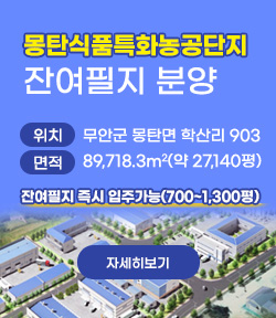 몽탄식품특화농공단지 잔여필지 분양 위치 : 무안군 몽탄면 학산리 903 면적 : 89,718.3㎥(약 27,140평) 잔여필지 즉시 입주가능(700~1,300평) 자세히보기